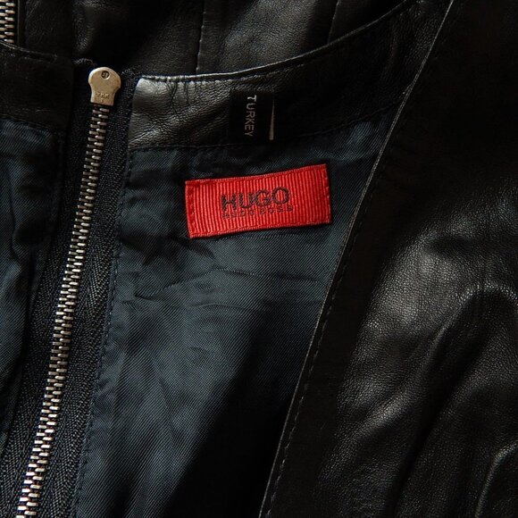 Hugo Boss 100% Leather Lambskin Black Empire Waist Buckles Pockets Dress XS - Picture 7 of 8